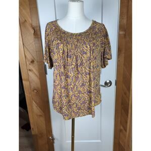 Lucky Brand Women's Short Sleeve Floral Print V-Neck Blouse, Size M